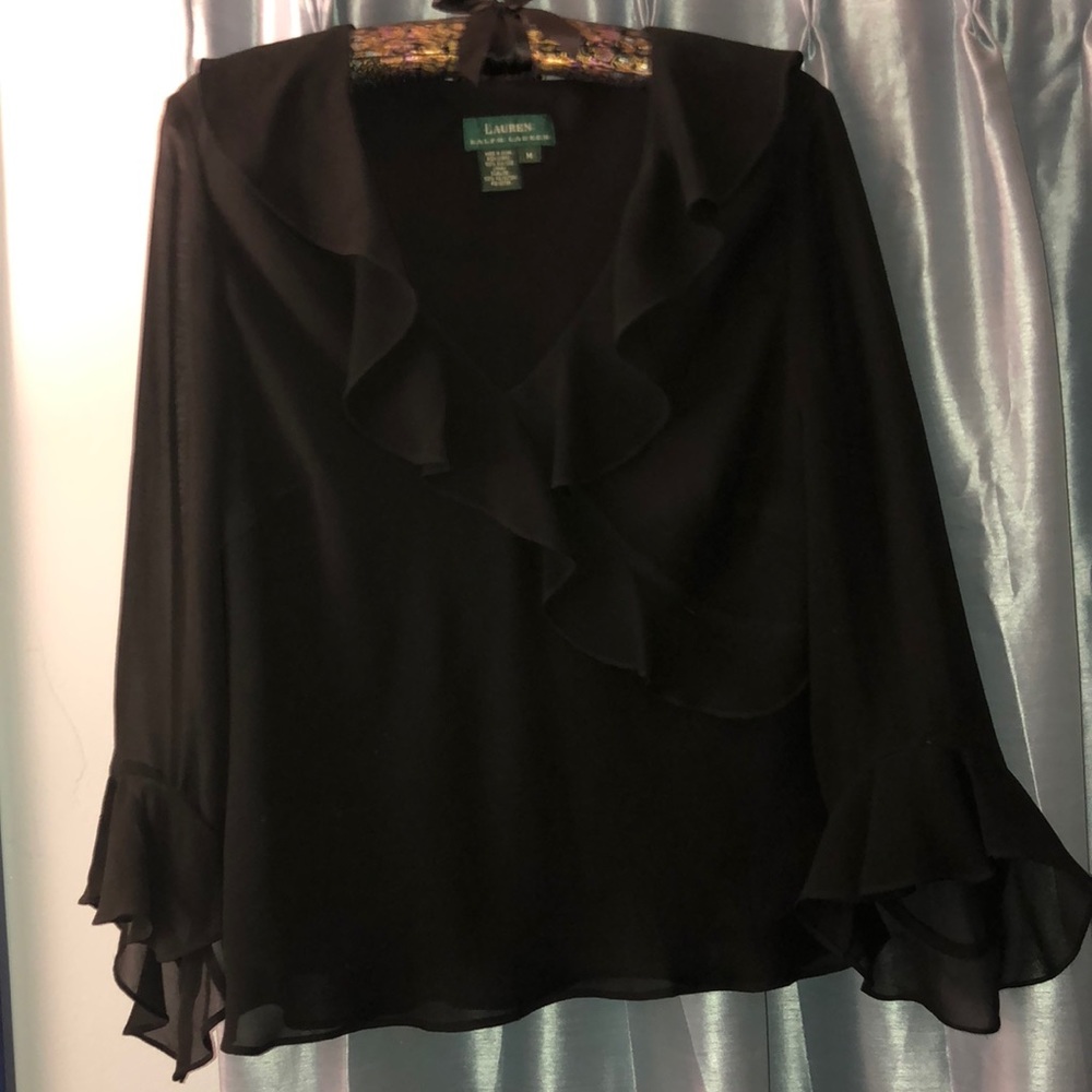 Ralf Lauren black 100% silk ruffled blouse M